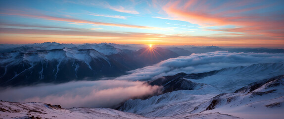 A tranquil sunrise over a snowy mountain landscape, with layers of clouds drifting through the valleys and a vibrant sky.

