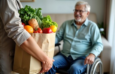 Caregiver brings grocery bag full of fresh produce, bread to mature man in wheelchair. Assistance, care for elderly disabled person in domestic setting. Home environment. Person with disability