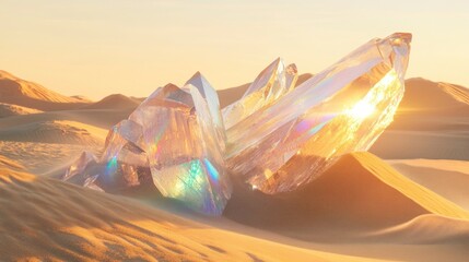 Obraz premium Iridescent crystals in a desert at sunset.