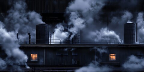 Mysterious factory setting with steam and glowing windows at night