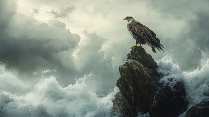 Majestic eagle perched on a rock amidst a stormy sea.