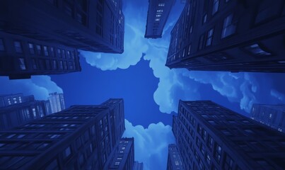 Staring up at skyscrapers against the dark blue evening sky.