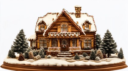 Fototapeta premium Intricate gingerbread house with snowy landscape and trees.
