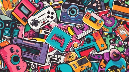 Retro Gaming and 80s Pop Culture Collage: A Vibrant Collection of Nostalgic Stickers and Designs