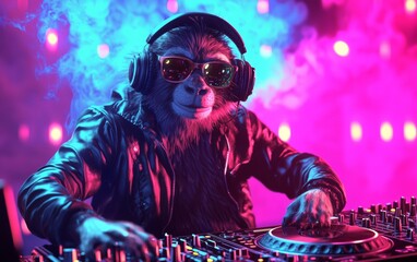 Monkey DJ mixing beats in a colorful nightclub setting with vibrant lights and a lively atmosphere