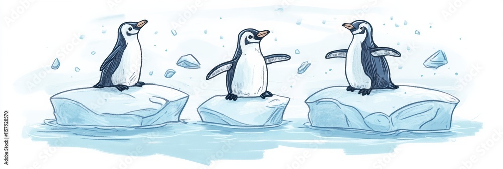 Poster Playful penguins enjoying icy adventures on floating icebergs with space for creative text. Generative AI