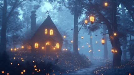 Fototapeta premium Enchanting cottage nestled in a misty, moonlit forest, illuminated by glowing lanterns.