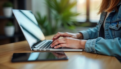 Fototapeta premium Businesswoman types on laptop at office desk. Hands on keyboard. Digital tablet next to laptop. Modern work style. Remote job concept. Online work. Focus on efficiency. Tech savvy person. Pro setup.