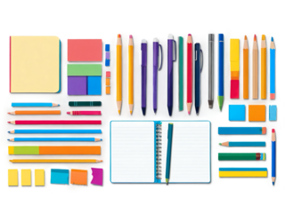 Colorful Stationery Supplies: Pencils, Pens, Notebooks, and Sticky Notes. Transparent Background.