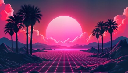 Retro 80s desert landscape under solarizing light. Grid pattern on flat terrain stretches to horizon. Palm trees stand tall in silhouette. Vivid pink, purple hues create vibrant, futuristic feel.
