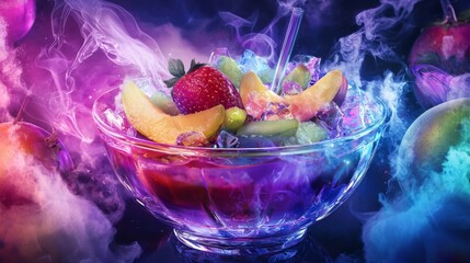 Colorful fruit salad bowl with smoke effects and vibrant colors at a festive gathering