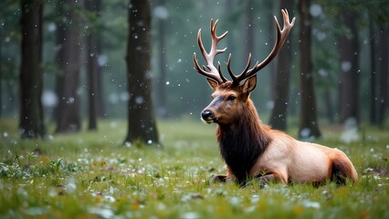 Obraz premium A Tranquil Deer Lays in the Snow, Reflecting the Serene Beauty of Winter Woodland