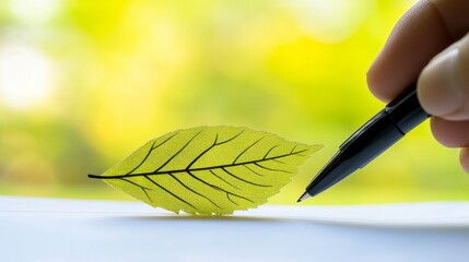 Detailed View of Leaf with Pen for Sustainability Ideas