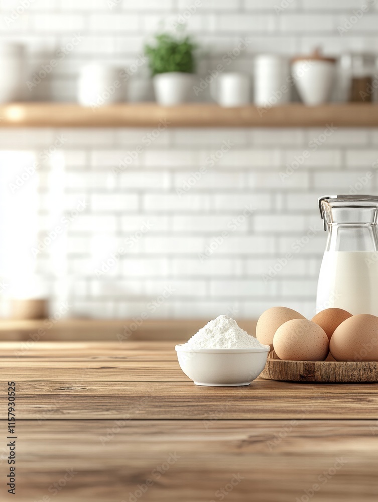 Poster Fresh ingredients arranged on a wooden kitchen counter for baking preparation with copy space available. Generative AI