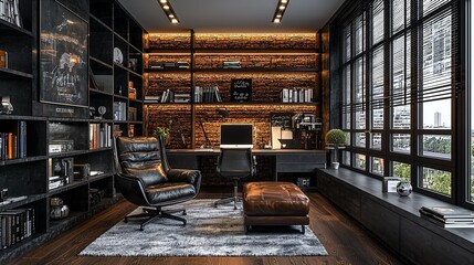 Luxurious dark home office with brick wall, leather chair, and large windows.