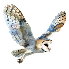 A watercolor vector painting of barn owl flying at dusk, isolated on a white background. Barn owl vector.

