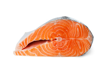 Fresh raw salmon or trout steak isolated on white, transparent background. Sliced fish meat fillet close up, seafood, heathy vegetarian food, cooking ingredient