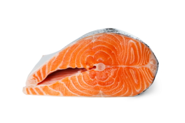 Fresh raw salmon or trout steak isolated on white, transparent background. Sliced fish meat fillet close up, seafood, heathy vegetarian food, cooking ingredient