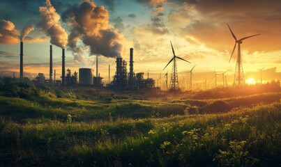 Sustainable development in an industrial landscape with different energy sources.