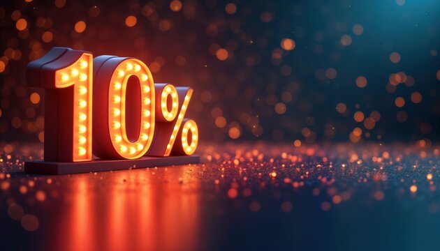 Ten percent discount offer banner header. Retro styled illuminated number 10 with percentage sign. Eye-catching design for marketing promotions sales announcements. Graphic with copy space for