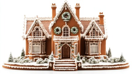 Intricate gingerbread house with snow, wreaths, and trees.
