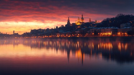 Cityscape at sunset, reflected in calm river water.