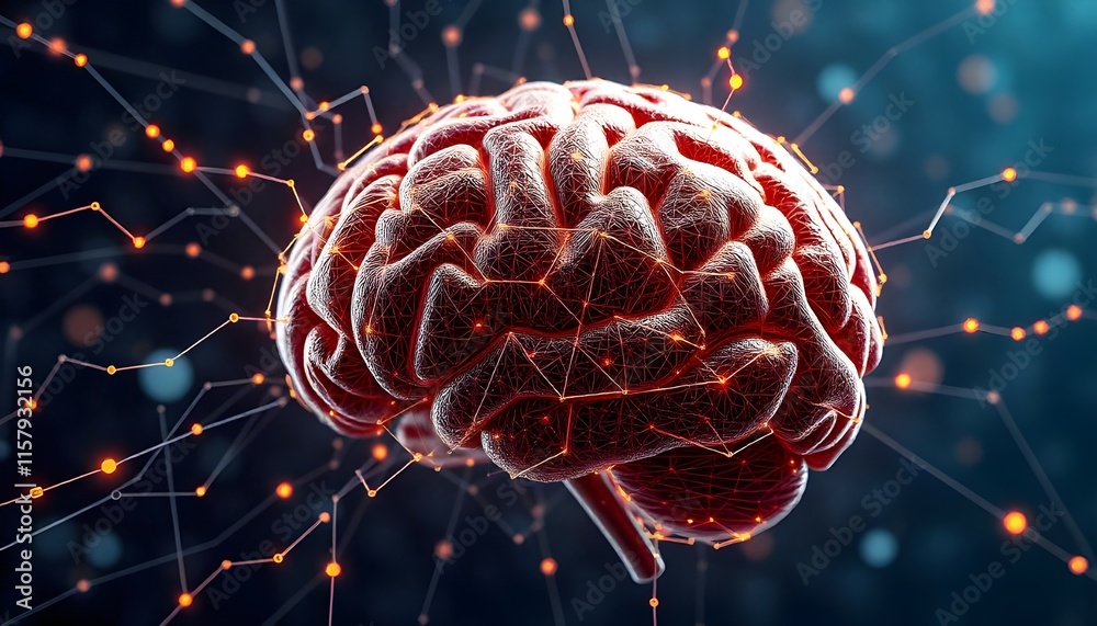 Poster An image of a human brain with a neural network circuit overlay, symbolizing intelligent thinking and the processing of big data and artificial intelligence