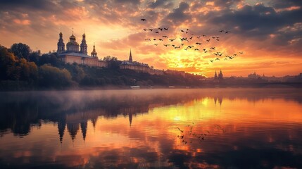 Fototapeta premium Sunset over a calm river reflecting a historic city with a monastery and flying birds.