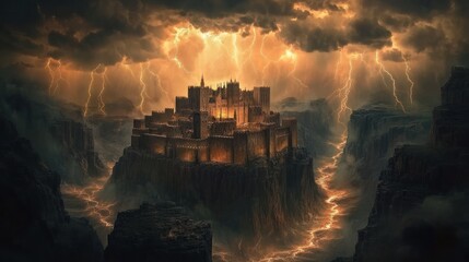 Stormy night over a majestic castle on a cliff.