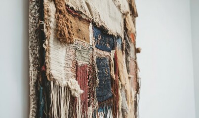 Textured textile art piece with woven patterns of earthy tones, featuring layers of wool and silk, displayed against a white gallery wall,