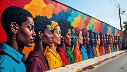 Colorful mural on city wall celebrates African, diaspora history figures. Bright colors, strong symbols of unity adorn artwork. Important people from African, diaspora history. Mural powerful