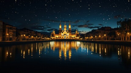 Obraz premium Night cityscape with illuminated church reflected in calm water under starry sky.