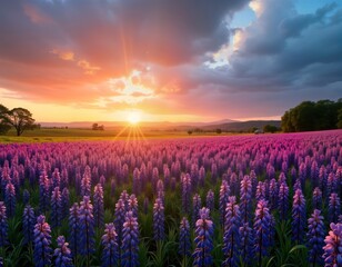 Naklejka premium Beautiful rural landscape at sunrise. Blooming purple meadow with Phacelia flowers. Dramatic sky with colorful clouds. Sunny morning in flower field. Scenic countryside view. Colorful natural beauty