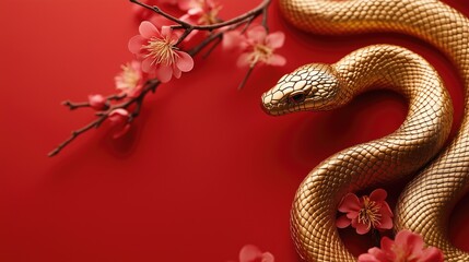 Generative AI of Golden Snake with Cherry Blossom Detail for Lunar Festival Greetings, Asian Holiday Marketing, and Cultural Celebration Design