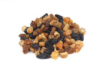 Mix of nuts and dried fruits isolated on a white background.