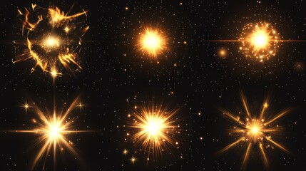 Naklejka premium Golden light effects, sparkles, and stars on dark background.