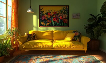 The living room scene, featuring a bohemian yellow sofa and a mockup poster, rendered and illustrated in 3D.
