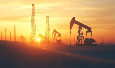 The Saudi price war has led to a drop in oil market prices. Oil pumps and drilling derricks silhouetted at sunset highlight the crude oil industry