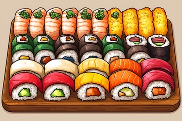 Assorted Sushi Platter on Wooden Board
