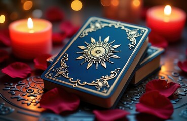 Mystical oracle card deck sits on decorated surface. Lit candles, rose petals surround deck. Esoteric symbols adorn cards. Scene evokes spirituality, divination. Suggests time for guidance,