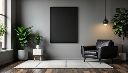 Modern loft living room interior with blank poster frame on grey wall. Stylish furniture pieces include black leather armchair, small white side table. Plants in grey pots add touch of greenery.