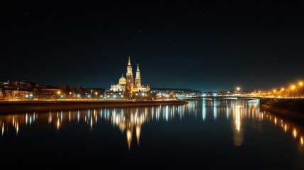 Obraz premium Illuminated cathedral reflected in calm river at night.