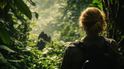 Woman observing mountain gorillas in lush rainforest.
