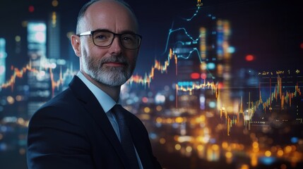 Fototapeta premium Confident businessman against city lights and stock market graphs.