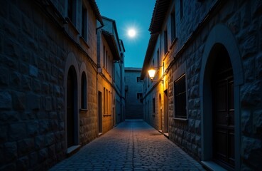 Narrow alleyway glows under moonlight. Stone buildings line both sides. Street lamp casts soft light on cobblestone path. Mysterious, quiet atmosphere of urban night. Desolate urban scene. Calmness,
