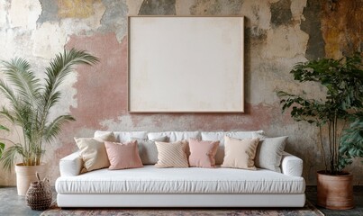 Stylish living room interior with white sofa, decorative pillows in pastel tones, large blank framed canvas on a textured and weathered wall, potted plants. Mockup.
