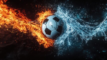 Naklejka premium Fiery Soccer Ball engulfed in Flames and Water: A Dramatic Contrast of Elements