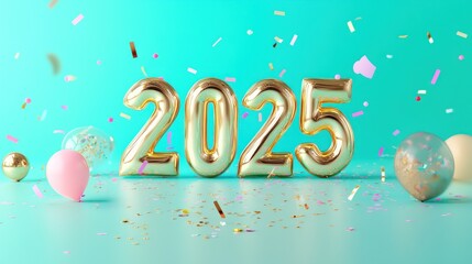 Golden 2025 balloons with confetti and pastel balloons on teal background.