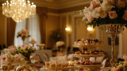 Elegant dessert table with cupcakes, pastries, and floral arrangements at a luxurious event.