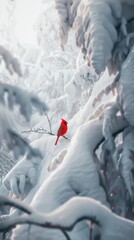 Solitary cardinal perched on snow-covered branch in winter wonderland.
